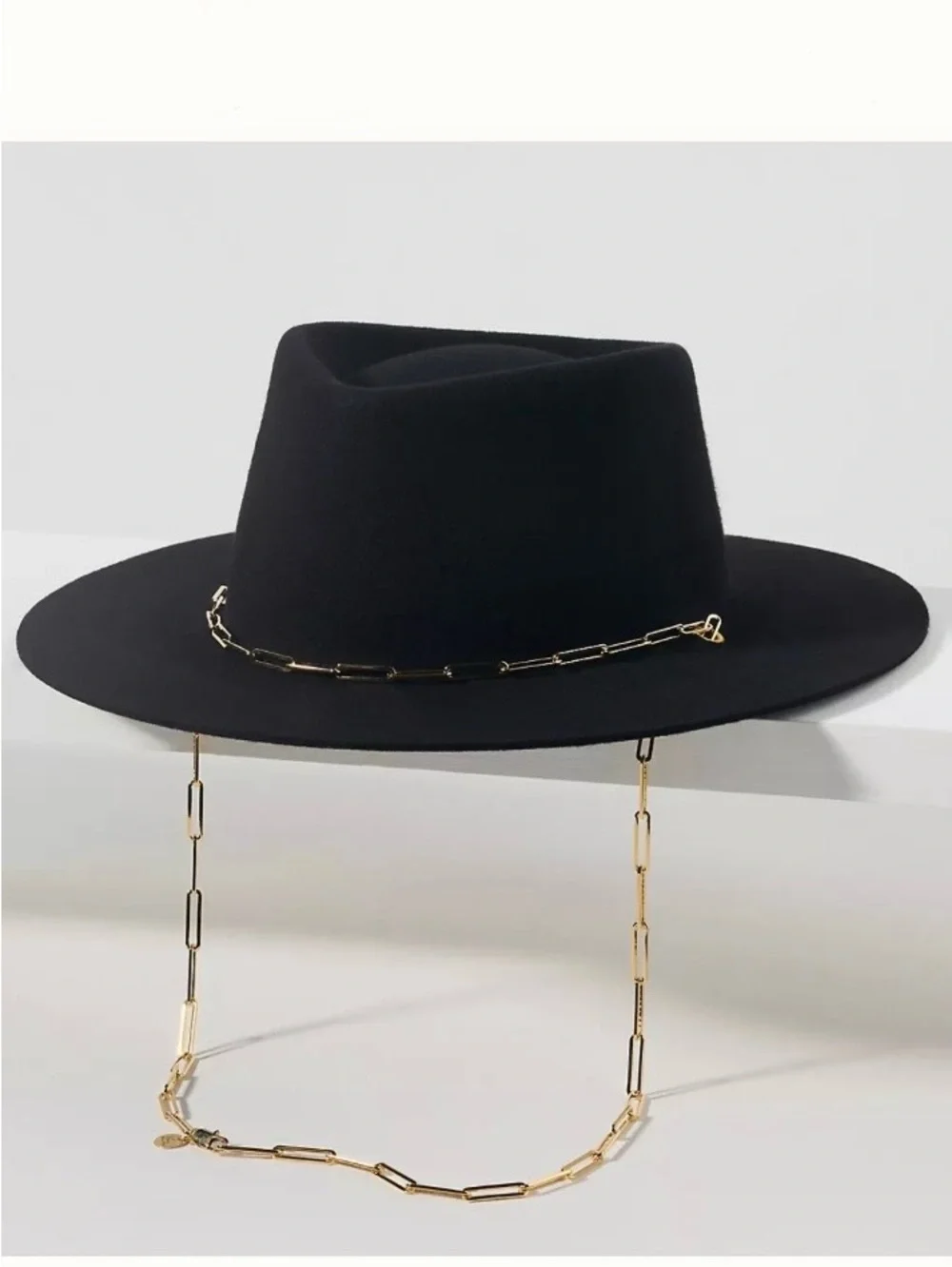 NWT Van Palma Black Wide-Brim Wool Fedora with Gold Chain Accent From France